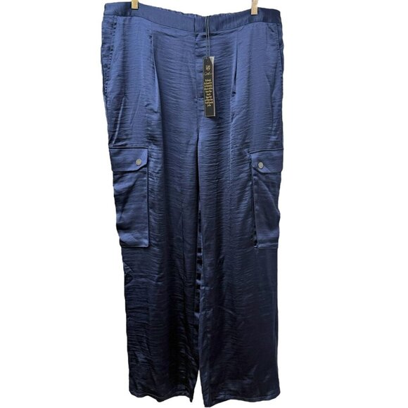 DG2 Diane Gilman Satin Cargo Pants Plus Size 18W Blue Straight Leg NWT - Picture 1 of 12
